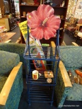 HIBISCUS FLOWER METAL DISPLAY RACK; RICH BLUE IN COLOR WITH VIBRANT RED FLOWER AT TOP. 3 SHELVES