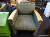 HOTEL-QUALITY ARMCHAIR; LIGHT AND DARK GREEN DAMASK PRINT UPHOLSTERY WITH BLONDE WOOD ARMS AND