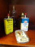 VINTAGE OIL CANS AND MORE SHELF LOT; INCLUDES 6 TOTAL PIECES SUCH AS ESSO HANDY AND SID HARVEY'S