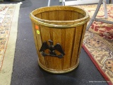 WOODEN PANELED VINTAGE WASTEBASKET; WITH BRASS COLORED BANDED TRIM AT TOP AND BOTTOM, AND WITH A