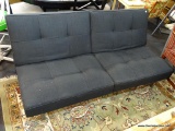 FUTON; UPHOLSTERED FUTON/CONVERTIBLE COUCH WITH DARK GRAY METAL FRAME, BLACK STITCHED LINEN LIKE