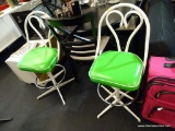 GREEN AND WHITE RETRO BARSTOOLS; WHITE TUBULAR BODIED BARSTOOLS WITH GREEN VINYL UPHOLSTERED SEATS