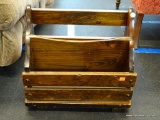 MAGAZINE HOLDER; PINE FLOOR MODEL MAGAZINE HOLDER WITH 2 SECTIONS FOR HOLDING MAGAZINES, THE PAPER,