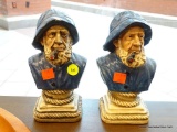 PAIR OF SAILOR/FISHERMAN BOOKENDS; MOLDED HEAVY BLUE AND OFF WHITE PAINTED BUSTS OF OLD SEAFARING