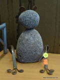 ABSTRACT ART GRANITE AND METAL FROG STATUE; HEAD AND BODY ARE GRANITE WITH METAL SWIRLY EYES ON TOP