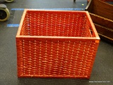 LARGE RED WOVEN CRATE/BASKET; RECTANGULAR IN SHAPE, MEASURES 18 IN X 15 IN X 12 IN.
