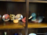 SHELF LOT OF WOOD AND PORCELAIN ITEMS; INCLUDES 6 TOTAL PIECES SUCH AS DUCK DECOY PAINTED AND SIGNED