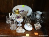 HALF SHELF LOT OF ASSORTED PORCELAIN AND GLASS ITEMS; TOTAL OF 13 ITEMS SUCH AS PAINTED PORCELAIN