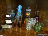 HALF SHELF LOT OF ASSORTED VINTAGE GLASS ITEMS; INCLUDES 13 TOTAL ITEMS SUCH AS CLEAR GLASS LIDDED