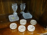 HALF SHELF LOT OF CRYSTAL/CUT GLASS ITEMS; INCLUDES A PAIR OF SHANNON CRYSTAL CANDLESTICKS MEASURING