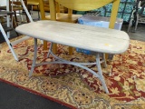 PRIMITIVE WOODEN COFFEE TABLE; RECTANGULAR TOP WITH ROUNDED CORNERS, MADE OF UNFINISHED WOOD,