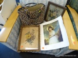 TAPESTRY HANDBAG AND CONTENTS; CONTENTS INCLUDE 3 FRAMED VINTAGE PRINTS AND ONE UNFRAMED.