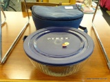 PYREX PORTABLES SET; ROUND #7404-S BOWL WITH BLUE PLASTIC LID AND DARK BLUE THERMAL.