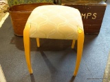 ROUNDED TOP UPHOLSTERED FOOTSTOOL/SEAT; TAN UPHOLSTERY WITH LIGHT GREEN, LIGHT BLUE, AND WHITE