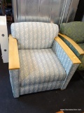 HOTEL-QUALITY ARMCHAIR; PALE GREEN WITH WHITE AND LIGHT BROWN LEAF AND VINE STRIPES RUNNING