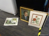LOT OF PRINT; THIS LOT INCLUDES 3 PRINTS, ON E IS FRAMED, ONE IS A FLORAL PRINT, AND THE OTHER IS