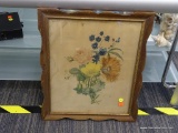 VINTAGE FLORAL PRINT; VINTAGE FLORAL PRINT IN HUES OF BLUE, YELLOW, AND PINK. IN A WOODEN FRAME