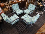 PATIO CHAIR SET; SET OF 4 PATIO ARM CHAIRS WITH MATCHING OTTOMANS. EACH CHAIR HAS MATCHING GREEN AND