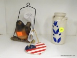 SHELF LOT OF ITEMS; INCLUDES 3 PIECES. A VICTORIAN TRADING CO HANGING BIRD FIGURINE, A SMALL HANGING