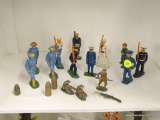 SHELF LOT OF METAL TOY SOLDIERS; INCLUDES 14 SOLDIERS IN VARIOUS PAINTED UNIFORMS, 3 SMALL WOODEN