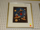 (WALL1) FRAMED MID CENTURY MODERN SPACE CATS GOMEZ PRINT; THIS IS A MID CENTURY MODERN PRINT BY