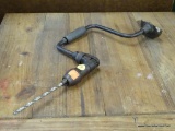 VINTAGE HAND DRILL; WOOD AND METAL HAND CRANK DRILL. MEASURES 18 IN LONG.