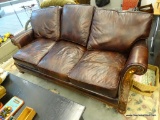 BRADINGTON-YOUNG FAUX LEATHER SOFA; RICH BROWN FAUX LEATHER SOFA MADE BY BRADINGTON-YOUNG IN HICKORY