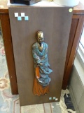 BUDDHIST MONK WALL HANGING; RECTANGULAR WOODEN BACKGROUND WITH 3 DIMENSIONAL BUDDHIST MONK MADE OUT