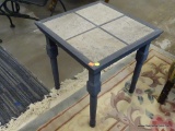 PATIO END TABLE; METAL AND 4 PANELED STONE PATIO END TABLE. MEASURES 19 IN X 19 IN X 19 IN. IN