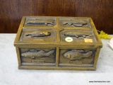 MEN'S FISHING THEMED JEWELRY BOX; HAS CARVED FISH ON THE LID AND ON THE SIDES INCLUDING SPECIES SUCH