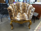 TUXEDO CHAIR; SAFARI TIGER THEME UPHOLSTERED TUXEDO STYLE CHAIR WITH GOLD TONED FRENCH PROVINCIAL