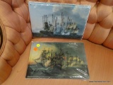 METAL SHIP WALL HANGINGS; PAIR OF LITHOGRAPHED SHIP PRINTS ON METAL WALL HANGING PLAQUES. EACH