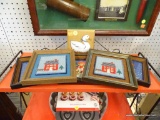 6 MINIATURE FRAMED ITEMS; 1 IS A DUCK THEMED WALL PLAQUE, 2 ARE HOME CROSS-STITCHING'S AND 3 ARE OF