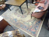 AREA RUG; ROYAL AUBUSSON STYLE AREA RUG IN HUES OF PINK, IVORY, AND BLUE. MEASURES 8 FT X 10 FT. IS