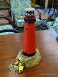 LEFTON LIGHTHOUSE FIGURINE; JUPITER INLET FIGURINE IS SOLID RED WITH WHITE AND BLACK TRIM AT TOP.