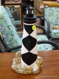 LEFTON CAPE LOOKOUT CERAMIC LIGHTHOUSE; BLACK AND WHITE DIAMOND PATTERNED LIGHTHOUSE. MADE BY GEORGE