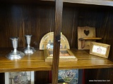 ASSORTED SHELF LOT; PAIR OF PEWTER CANDLESTICK HOLDERS, A HOME SWEET HOME PLAQUE, A HEART SHAPED