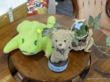 ASSORTED LOT; INCLUDES A PLUSH AND BEADED FROG, A WICKER FROG, AND A STUFFED TEDDY BEAR FIGURE.