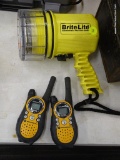 BRITELITE FLASHLIGHT AND WALKIE TALKIES; THIS LOT INCLUDES TWO YELLOW AND BLACK MOTOROLA TALKABOUT
