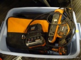 TUB LOT OF RIDGID TOOLS; THIS BLUE TOTE COMES WITH A RIGID BELT SANDER MODEL #R2740, AN 18V BATTERY