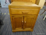 VINTAGE WOODEN WASHSTAND; THIS WASHSTAND HAS A BEVELED TOP, A DOVETAIL DRAWER WITH WOODEN HANDLE