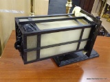 BLACK OUTDOOR LIGHT FIXTURE; RECTANGULAR LANTERN STYLE LIGHT FIXTURE WITH FROSTED GLASS PANELS. ONE