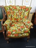 VINTAGE FAN-BACK ARMCHAIR WITH ORANGE/GOLD/GREEN FLORAL UPHOLSTERY; SHELL/FAN SHAPED BACK HAS