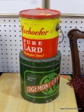 ASSORTED VINTAGE TINS LOT; TOTAL OF 3. INCLUDES RED AND YELLOW MARHOEFER LARD CANISTER BUCKET WITH