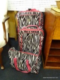 3 PIECE ZEBRA PATTERNED CANVAS LUGGAGE SET; INCLUDES DUFFLE, CARRY ON WHEELED BAG WITH TELESCOPING