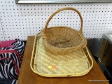 BASKETS LOT; TOTAL OF 2 PIECES. ONE IS A WOVEN RECTANGULAR TRAY WITH BAMBOO EDGE MEASURING 13 IN X