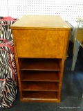RECORD CABINET; WOODGRAIN FINISH WITH HINGED LIFT TOP LID, OPEN COMPARTMENT INSIDE, OVER 4 SHELVES