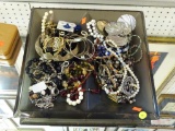 ASSORTED COSTUME JEWELRY PIECES IN SQUARE SMOKY GREY SEGMENTED TRAY; INCLUDES BEADED NECKLACES,