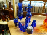 VINTAGE BLUE GLASS LOT; TOTAL OF 11 PIECES INCLUDING SMALL JARS AND BOTTLES, A LIDDED NOXZEMA JAR,