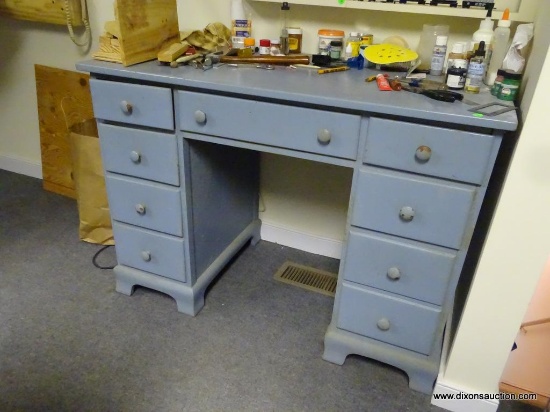 LIGHT BLUE PAINTED WOODEN DOUBLE PEDESTAL STYLE DESK; MADE BY FINLEY WOOD PRODUCTS INC OF